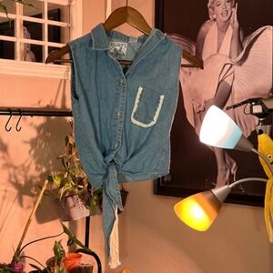 Andrews Girls Denim Sleeveless Top Tie Front Shirt Medium Blue Lace Pocket Cute